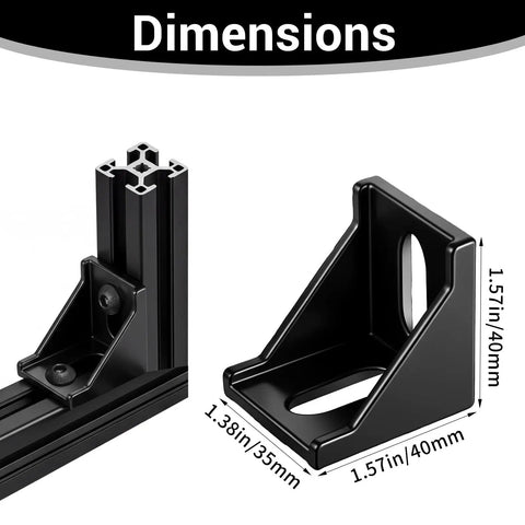 24 Set Black 4040 Aluminum Extrusion Profile Connector Kit with heavy duty corner brackets measuring 1.57in x 1.38in x 1.57in