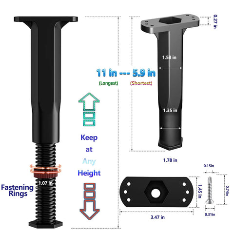 Level Up Your Bed Frame Game With Heavy Duty Adjustable Support Legs showing height adjustability from 5.9 to 11 inches.