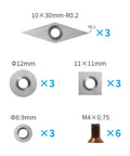 Front view: tungsten carbide inserts set for wood lathe tools, 18 pieces: round 12/8.9mm, square 11x11mm, diamond 30x10mm