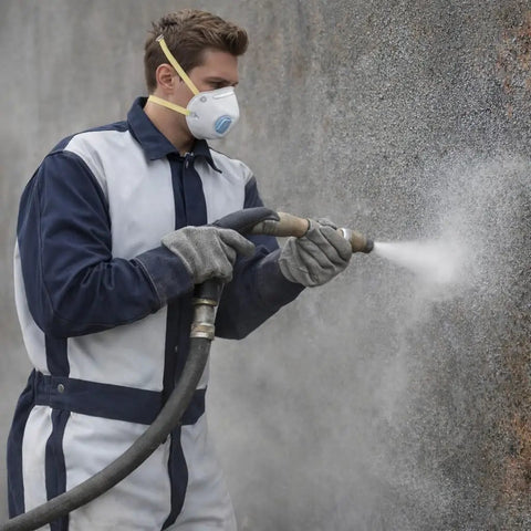 Person wearing Heavy Duty Leather Blast Suit For Spray Painting And Sandblasting, Protective Denim And Leather Overalls with reinforced panels