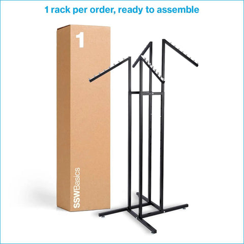 Black 4 Way Adjustable Clothing Rack With Slanted Arms Retail Display Stand Adjustable Height From 48 To 72 Inches Durable Metal Frame 32 By 32 Inch Base Storefront Ready For Clothing Shops next to box