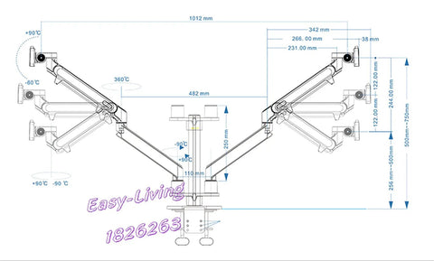 Slick Full Motion Monitor Mount Arm With Smooth Gas Strut Glide Heavy Duty Aluminum Desk Holder showcasing accurate dimensions for ergonomic setup.