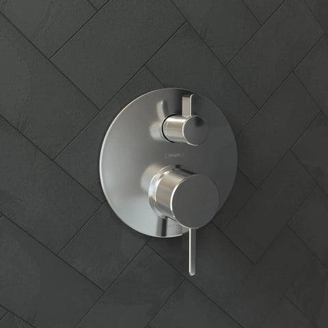 Modern Pressure Balance Shower Valve Trim With Diverter In Chrome For Duo Outlets on black tile wall