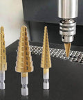 Aleric step drill bit set, 3pcs, titanium-coated HSS stepped bits, front view for aluminum, wood and plastic