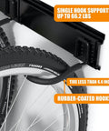 Close-up of Six Bike Wall Mount Storage Rack with interlocking rails and easy snap hooks for indoor garage, holding bike tires.