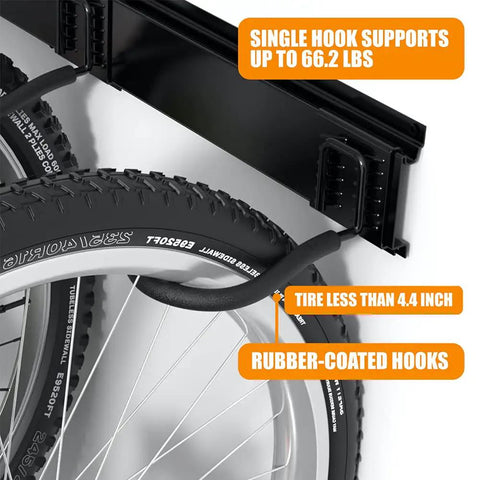 Close-up of Six Bike Wall Mount Storage Rack with interlocking rails and easy snap hooks for indoor garage, holding bike tires.