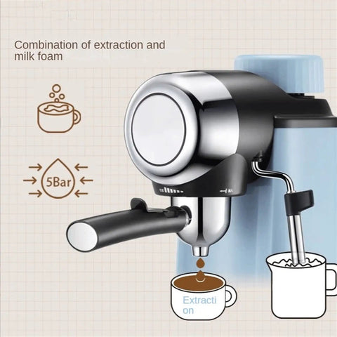 Compact Semi Automatic Espresso Machine With 15 Bar Steam Pressure And Built In Milk Frother For Home Use On Your Counter Portable Coffee Maker That Delivers Rich Espresso And Creamy Froth On A Sleek Worktop showing the extraction and milk froth process.
