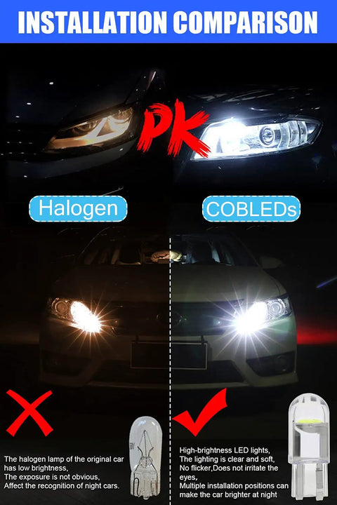 Comparison of halogen vs. 30 Pack 194 LED Bulbs 6000K Cool White Canbus Error Free T10 Wedge COB for car lighting