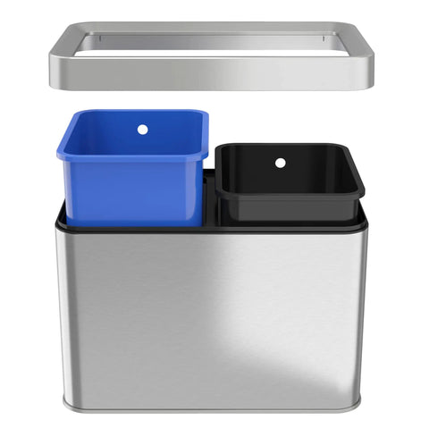 Open view of slim dual compartment trash can and recycle bin with open top in stainless steel, showing blue and black insert bins.