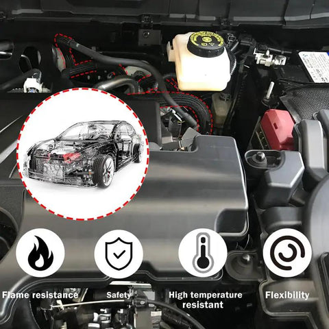 Close-up of installed 100 Ft PET Expandable Braided Wire Sleeving in car engine, highlighting flame resistance and safety features.
