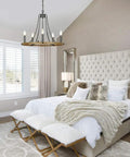 Five Light Farmhouse Chandelier With Vintage Candle Look Black Finish For Dining Room Living Room Kitchen And Bedroom 22.8 Inch Hanging Light Fixture With E12 Sockets in bedroom.