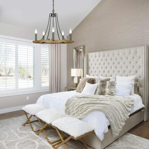 Five Light Farmhouse Chandelier With Vintage Candle Look Black Finish For Dining Room Living Room Kitchen And Bedroom 22.8 Inch Hanging Light Fixture With E12 Sockets in bedroom.