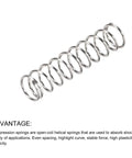Close-up of a silver Helical spring from Handy Compression Springs Set 0.5x5mm OD, 20mm Free Length, 10 Pieces, 304 Stainless Steel