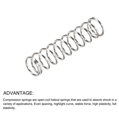 Close-up of a silver Helical spring from Handy Compression Springs Set 0.5x5mm OD, 20mm Free Length, 10 Pieces, 304 Stainless Steel