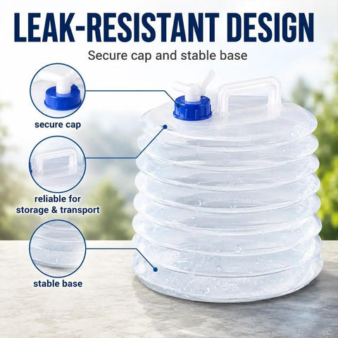 Close-up of Foldable Water Container with Spigot for Camping and Hiking, highlighting leak-resistant design and secure cap.
