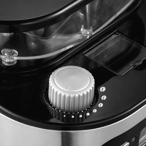 Close-up of Grind And Brew 15 Cup Coffee Maker With Timer And Auto Off Stainless Steel Black Coffee Machine grinder settings dial.