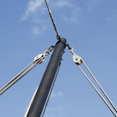 2 Pack M15 Double Pulley Block Stainless Steel Rigging Lifting Equipment attached to pole with wires under blue sky