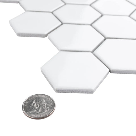Close-up of 2 Inch Hex Glossy White Porcelain Mosaic Tile For Floors And Walls Mesh Mounted 11-1/8 By 12-5/8 Inches showing edge detail