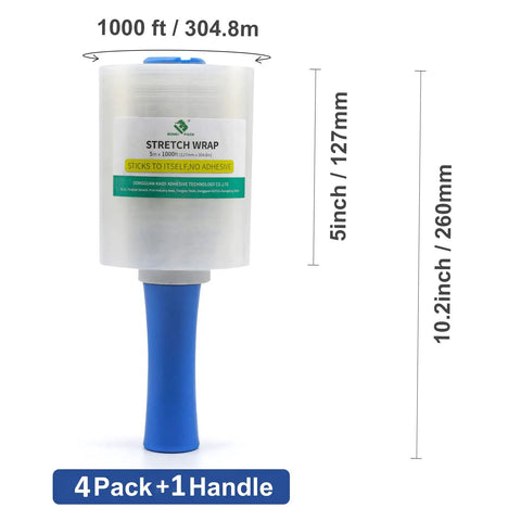 Mini Clear Stretch Wrap Film 5 Inch By 1000 Feet 4 Pack With Easy Grip Handle 80 Gauge Heavy Duty Pallet Wrap dimensions shown