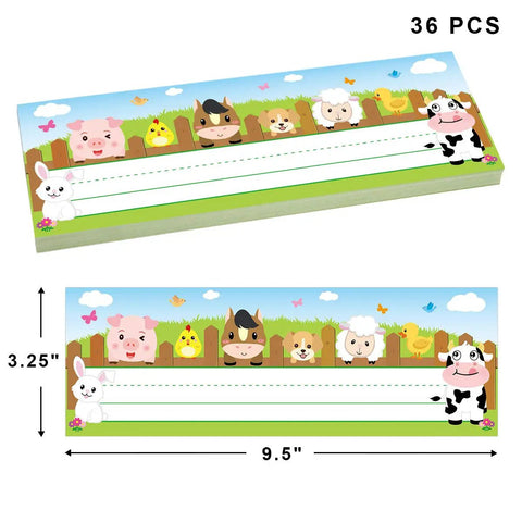 Farm Animal Desk Name Plates for Kids, Back to School Classroom Decor, 36 Pack Primary Students Desk Tags with animal designs.