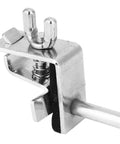 Close-up of silver Adjustable Drum Cowbell Mount Holder Clamp for Quick Up or Down Positioning with durable hardware