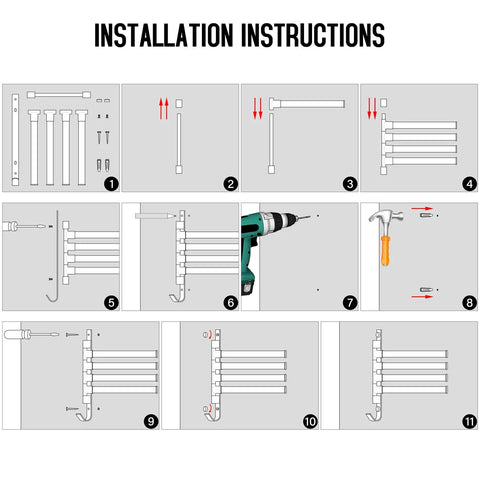 Installation instructions for Swivel Wall Mounted Towel Rack With Four Rotating Arms Black Rustproof Towel Bar For Bathroom 180 Degree Rotation Thirteen Inch Towel Holder Space Saver Quick Dry No Frills Design steps with drill and hammer.
