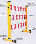Rock Solid Retractable Scissor Gate With Hella Bright Yellow And Black Reflective Strips Smooth Gliding industrial barrier showing parts including base, rollers, and fence.