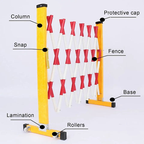 Rock Solid Retractable Scissor Gate With Hella Bright Yellow And Black Reflective Strips Smooth Gliding industrial barrier showing parts including base, rollers, and fence.