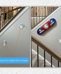 Hella Dope Skateboard Deck Hangers Transparent Floating Display Mount With Adhesive Strips shown holding a skateboard on a staircase wall.