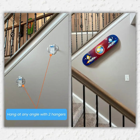 Hella Dope Skateboard Deck Hangers Transparent Floating Display Mount With Adhesive Strips shown holding a skateboard on a staircase wall.