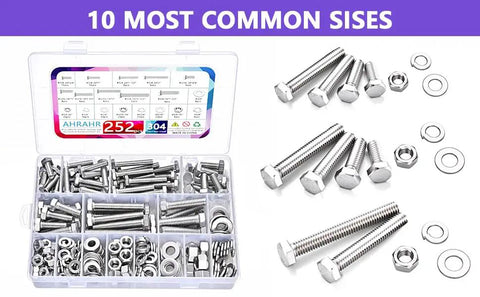 Premium 304 Stainless Steel Hex Bolt Nut Washer Assortment Kit Featuring Complete Thread Sizes 1/4-20 5/16-18 3/8-16 organized in durable case.