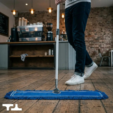 User operating Top Shelf Commercial Dust Mop And Floor Sweeper With Adjustable Handle on hardwood floor in cafe.