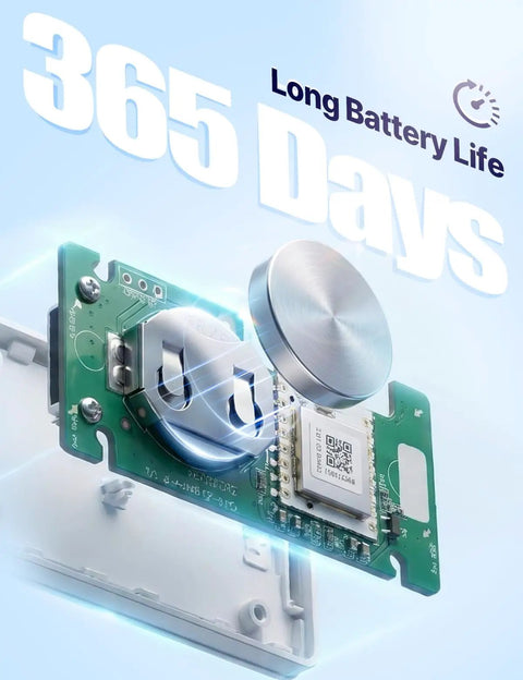 Close-up of ZigBee Smart Scene Switch With 3 Button Remote Controller battery, showcasing 365-day longevity with no wiring required.