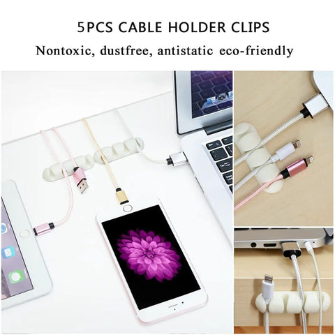 White Cable Management Organizer Kit For Desk TV And PC No More Cord Chaos Under Desk showing cable holder clips in use