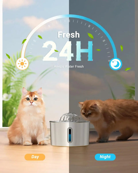 Two cats with Stainless Steel Cat Water Fountain 74oz Automatic Pet Water Dispenser No Spill Drinking Fountain For Cats And Small Dogs With 3 Filters Dope Gift For Pets shown during day and night.