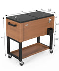 80 Quart Rolling Ice Chest On Wheels With Waterproof Cooler Cover For Outdoor Patio Deck Parties Beverages Rolling Cooler Cart Perfect For Backyard Barbecues Keeps Drinks Cold Up To 48 Hours Brown Finish, side view with measurements