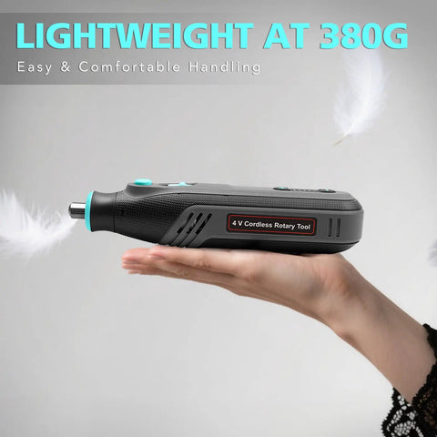 Ready To Rock 101 Piece Mini Cordless Rotary Tool Kit Featuring 4V High Torque Motor, lightweight design held in hand.