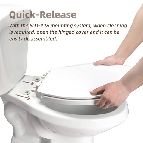 Person demonstrating quick-release feature on All In One Potty Training Toilet Seat With Built In Toddler Seat Slow Close Magnetic Hinge
