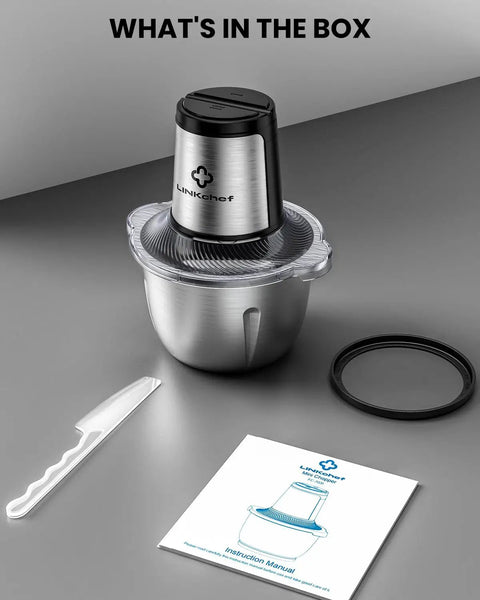6 Cup Mini Food Processor Chopper With 250W Motor And Stainless Steel Blades displayed with manual and knife on table