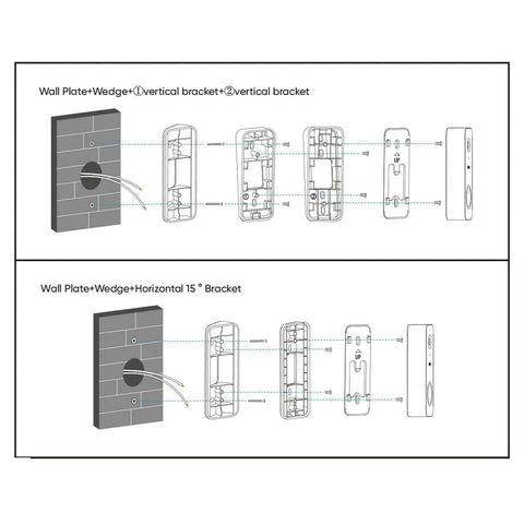 Diagrams showing Wedge Kit For Wyze Video Doorbell V2 Only With Three Mounting Brackets Including One 15 Degree Horizontal Bracket And Two 7.5 Degree Vertical Brackets