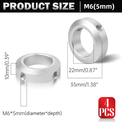 Beefy Clamp-On Aluminum Shaft Collars 4-Piece Set, 22mm Bore, 35mm OD, High-Strength Bolt Clamp, Lightweight and Corrosion-Resistant for CNC Machine Tools, Easy Install and Secure Shaft Retention, M6x5mm