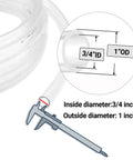 Clear PVC Tubing With Three Quarter Inch ID And One Inch OD Ten Feet Long Thirty PSI Flexible Lightweight Oil Resistant Hybrid Multipurpose Industrial PVC Hose For Fluid Transfer with measurement details.