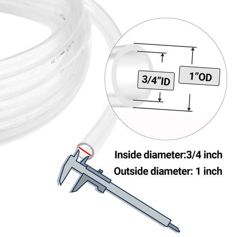Clear PVC Tubing With Three Quarter Inch ID And One Inch OD Ten Feet Long Thirty PSI Flexible Lightweight Oil Resistant Hybrid Multipurpose Industrial PVC Hose For Fluid Transfer with measurement details.