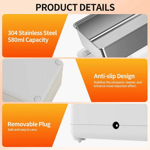 Quick Grab 50 Khz Ultrasonic Cleaner With Three Timer Settings for bling glasses, showing 304 stainless steel and removable plug.