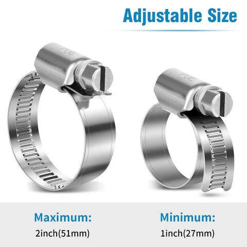 Beefy Heavy Duty Stainless Steel Hose Clamps Set 1 To 2 Inch Adjustable Worm Gear Self Locking Nut Duct Clamp Kit for Automotive
