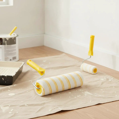 Premium Paint Roller Featuring Dual Yellow Strip Guide For Consistent Latex Flow Zero Streaks Killer Coverage on floor with tray.