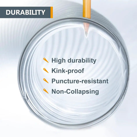 Close-up of 4 Inch Diameter 50 Foot Long Clear Flexible Dust Collection Hose with durability features listed on a white background.