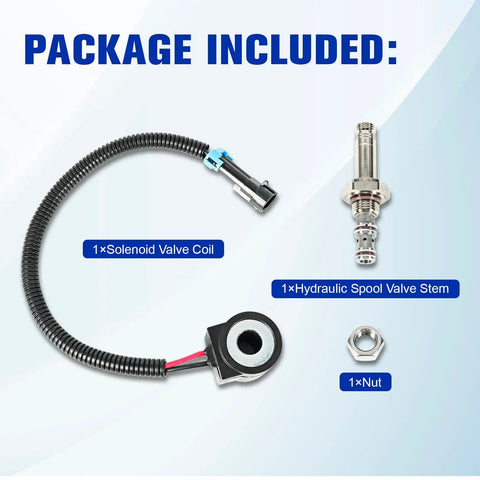 Package includes solenoid valve coil and hydraulic spool valve stem element kit ready to install direct fit for Bobcat skid steer loader.