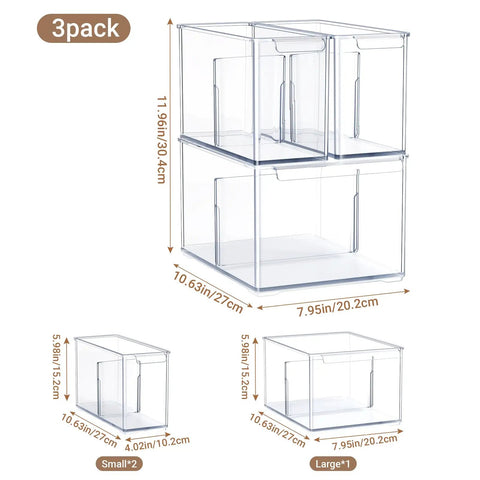 Clear Plastic Storage Bins With Dividers 3 Pack Acrylic Stackable Organizer Boxes For Fridge Pantry And Cabinets Two Narrow And One Wide