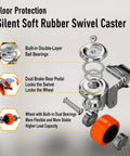 Detailed view of Silent Soft Rubber Swivel Caster with dual brake pedal and double-layer ball bearings for floor protection.